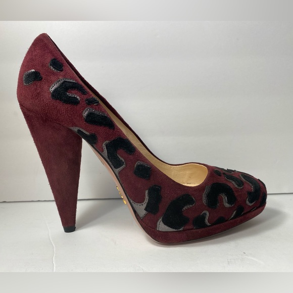 Prada suede pumps heels leopard burgundy black 35.5 - Picture 3 of 9